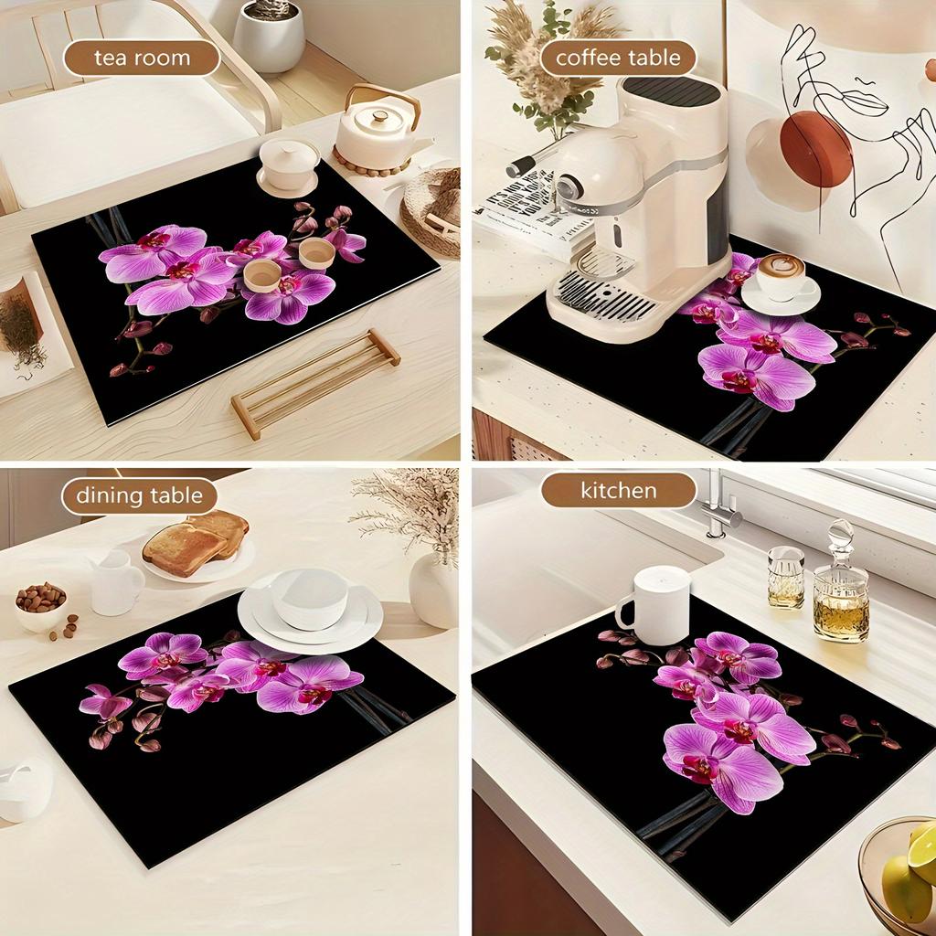 1Pcs Rubber Drying Mat With Retro Moroccan Orchid Print For Coffee Shop Kitchen Carpet Tableware Durable Diatom Mud Table Mat Pet Mat Coffeeware