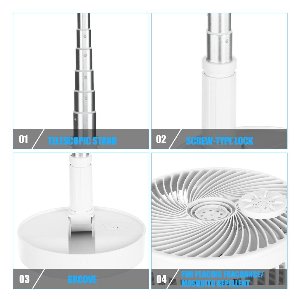Portable Folding Telescopic Fan USB Charging/Power Supply 4-Speed Settings Low Noise 180-Degree Swivel Fan Head Telescopic Arm Extends Up to 76