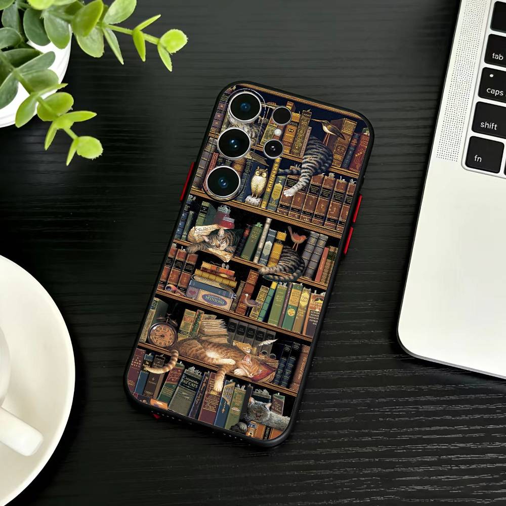 Винтажная книжная полка Кот Чехол для телефона Для Samsung S26,S25,S24,S23,S22,S21,S20,Plus,Fe,Lite,Другие Черный Чехол