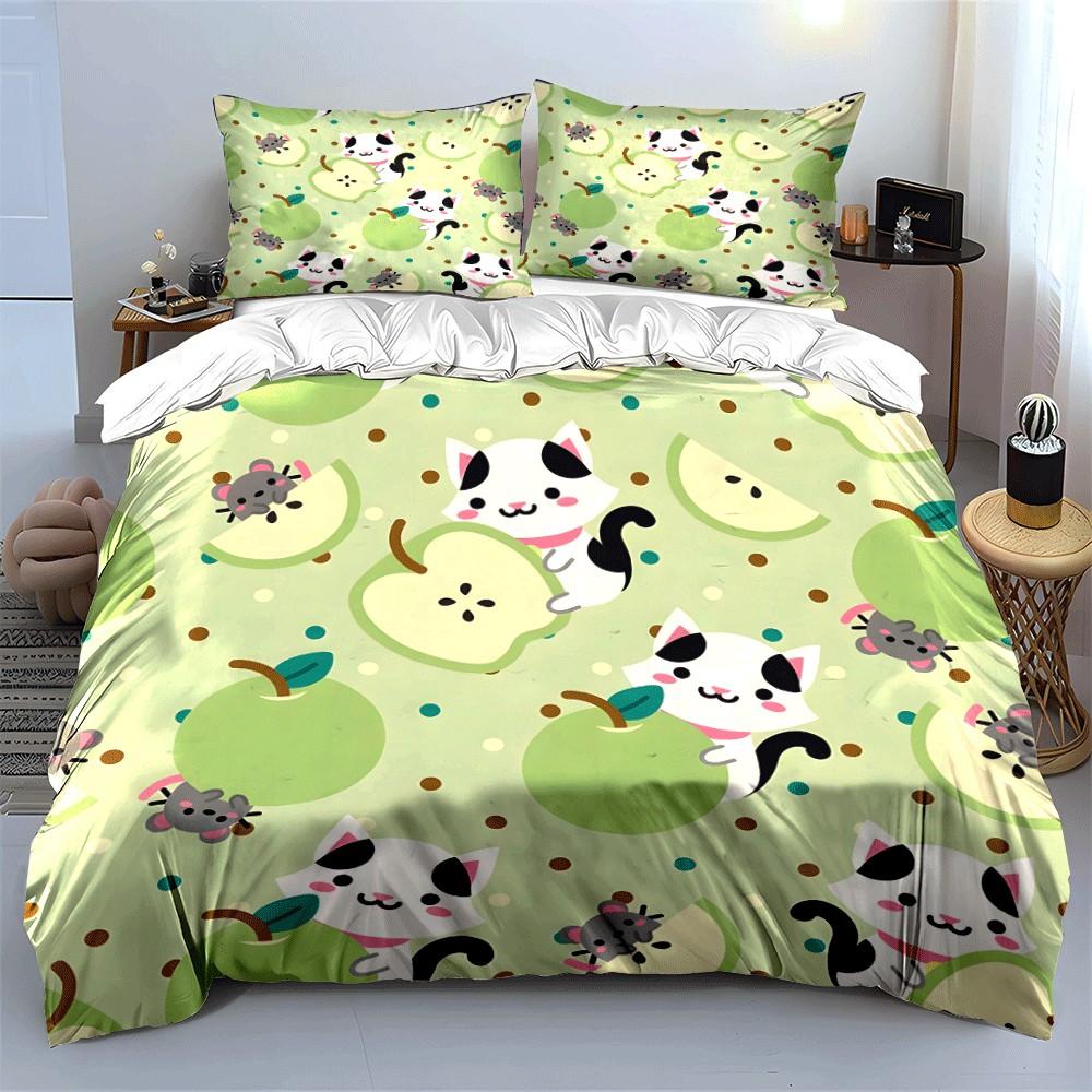 "Playful Cats and Apples Theme printed bedding set" Exquisite three-piece bedding set gift for kids and adults