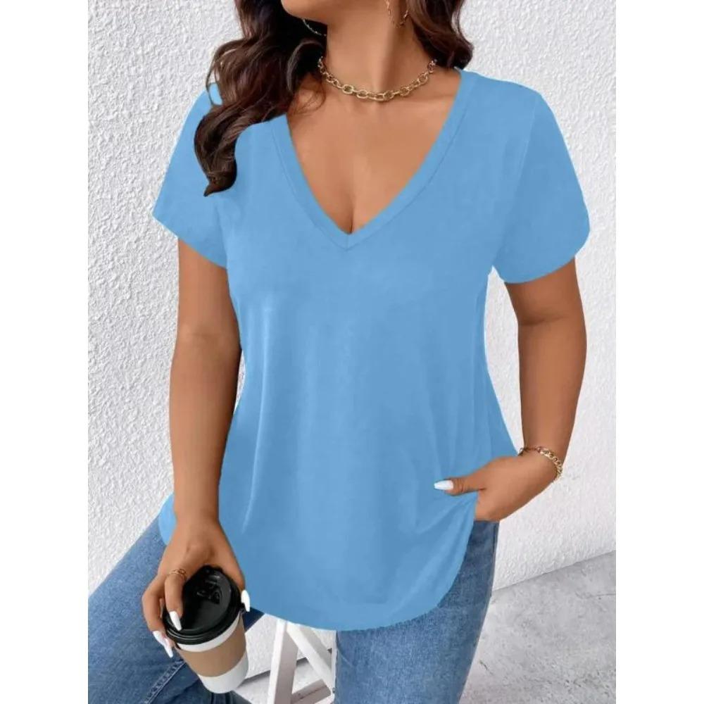 Plus Size Spring Summer Women's Casual Solid V-neck Short Sleeved T-shirt Women Comfortable and Fashionable T-shirt