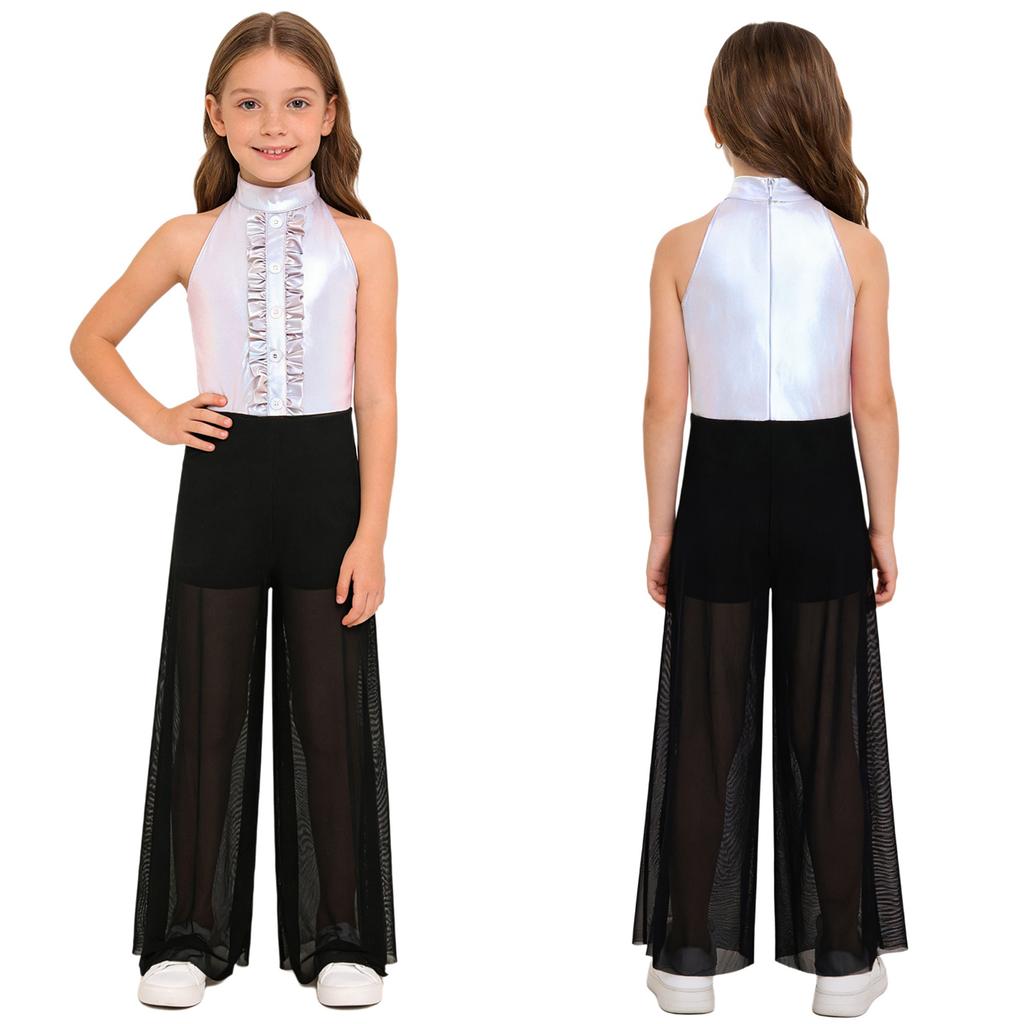 Блестящий металлический и сетчатый танцевальный комбинезон для девочек: Топ без рукавов с воротником-стойкой и оборками на лифе и струящиеся широкие брюки для сцены