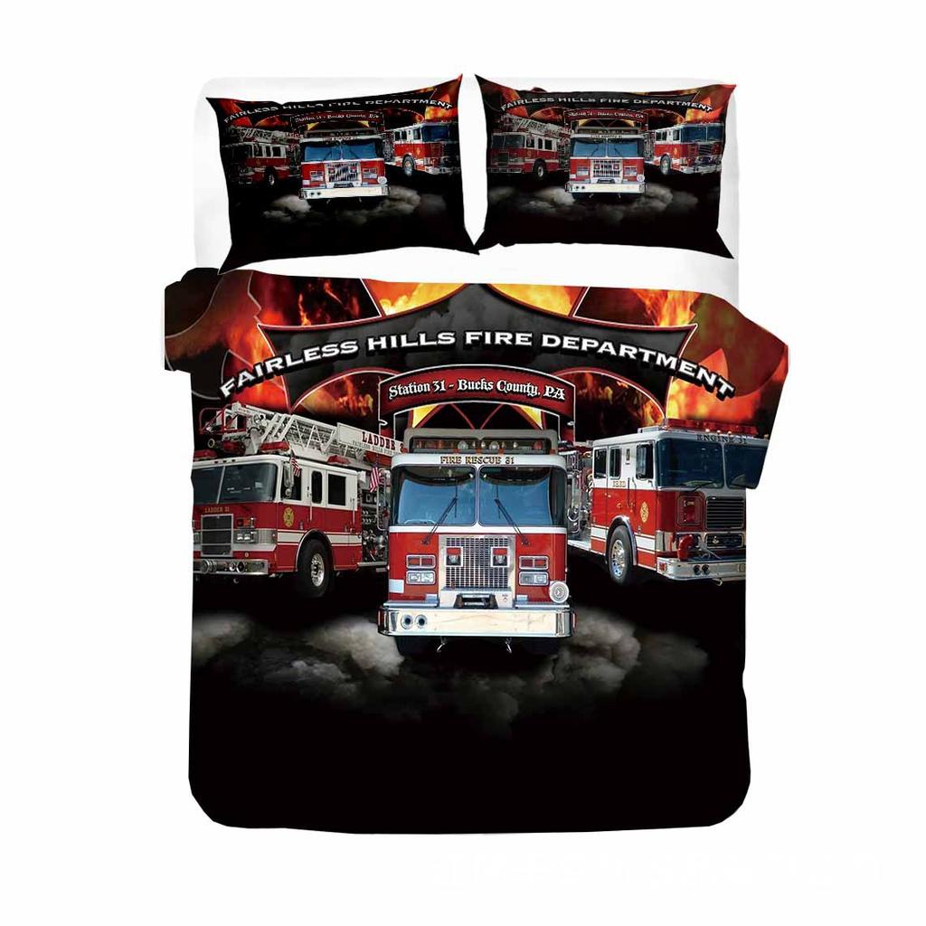 Firefighter Truck Duvet Cover King/Queen Size Red Firemen Car Bedding Set For Kids Boys Girls Fire Engine Polyester Quilt Cover