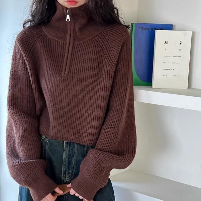 Женский вязаный свитер с полувысоким воротником и застежкой-молнией, осенний, с рукавами-фонариками, винтажные свободные свитера, зимние толстые повседневные однотонные теплые джемперы 25404