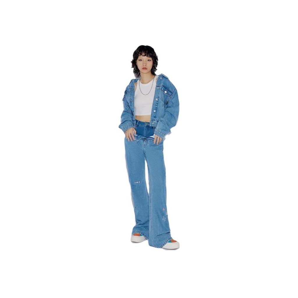 Джинсы Li Ning Plain средней посадки Straight Leg Женские джинсы Light-Denim-Blue AJQT372-1