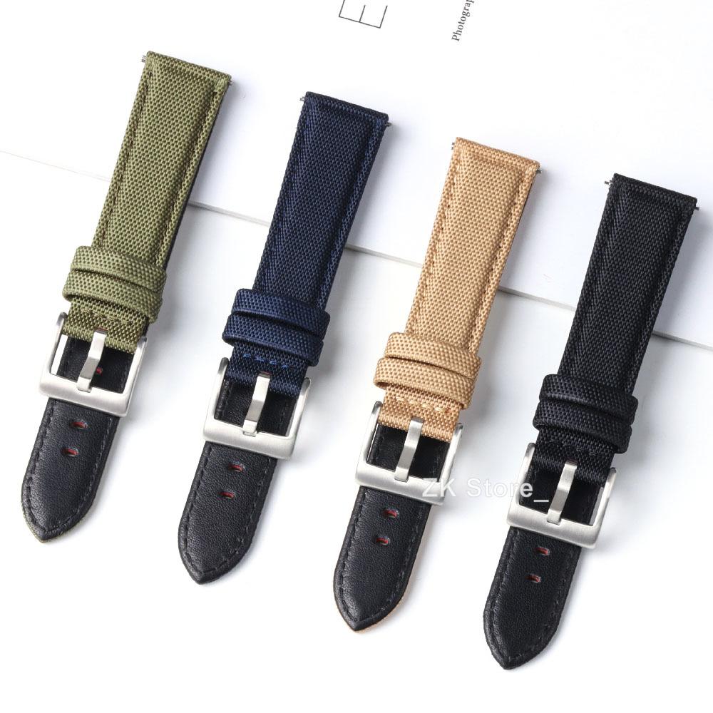 20mm 22mm Woven Nylon+Leather Watch Band Army Woven Canvas Fabric Replacement Straps for Military Sport Quick Release Wristband