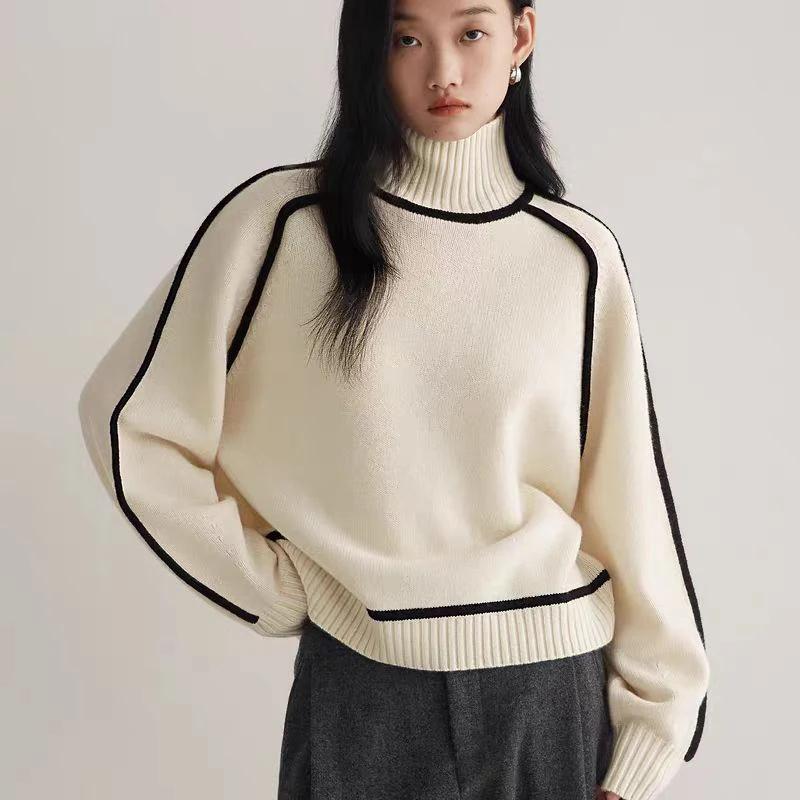 Зимний женский элегантный однотонный вязаный теплый свитер с высоким воротом и длинными рукавами