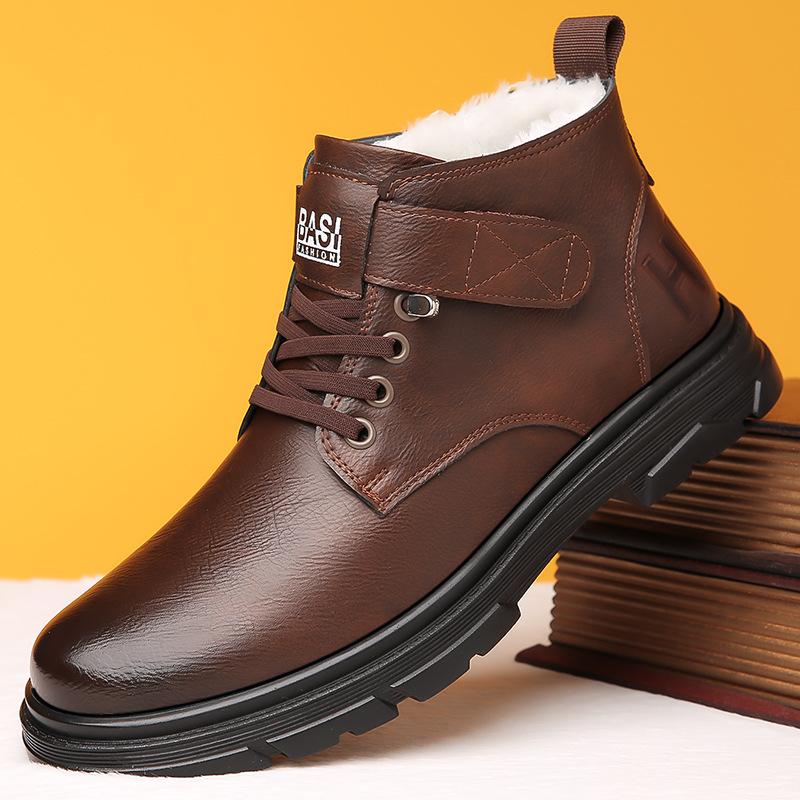 Мужские высокие ботинки из натуральной кожи, зимние ботинки из плюша и хлопка, классические черные, на толстой подошве, мужские деловые повседневные туфли