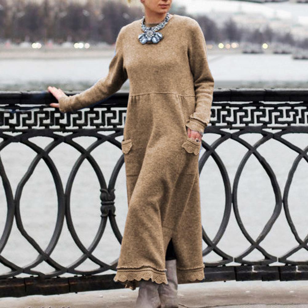 Tambov Autumn Winter Long Sleeve Lacework Hem Plus Size Knit Maxi Dress
