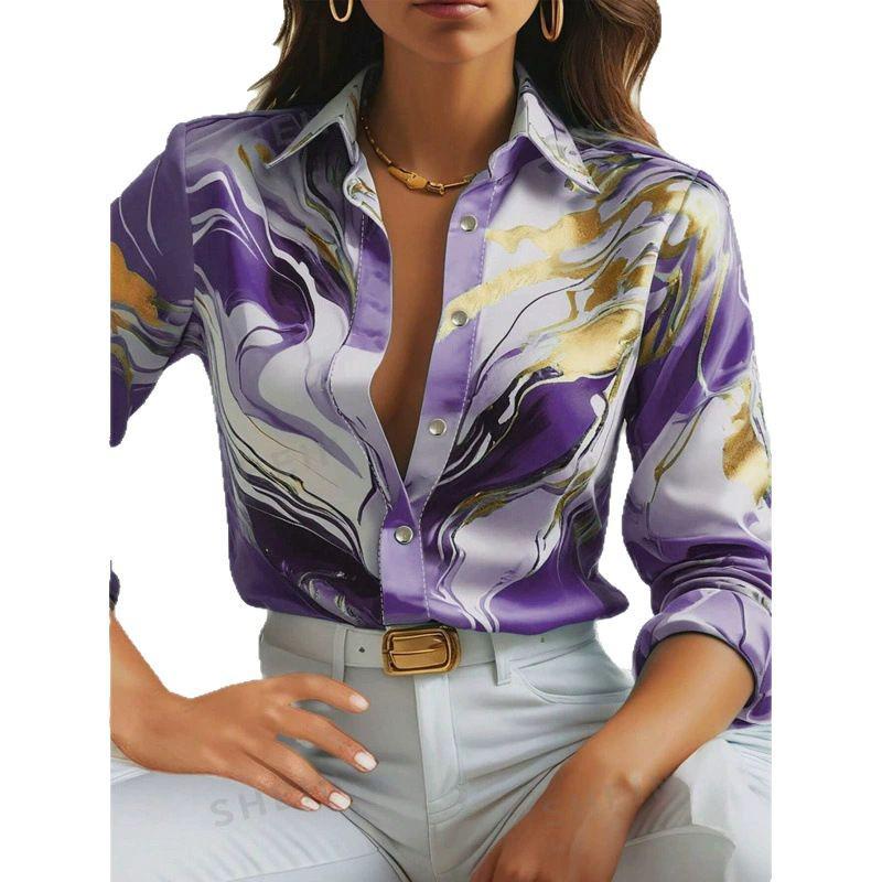 Женская повседневная свободная рубашка с длинным рукавом и принтом, осень 2025