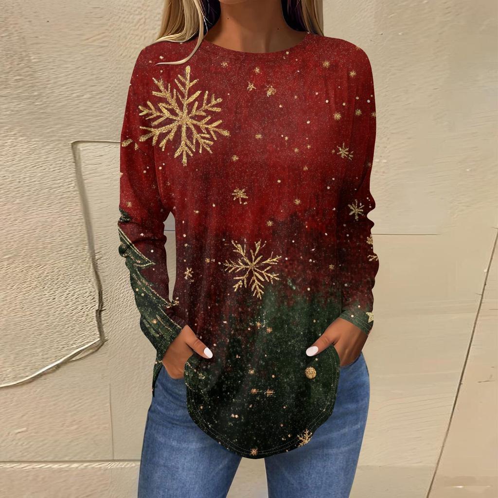 Футболки для женщин, осенние повседневные рубашки с длинными рукавами, толстовка с ретро-принтом, топ для рождественской вечеринки, пуловер