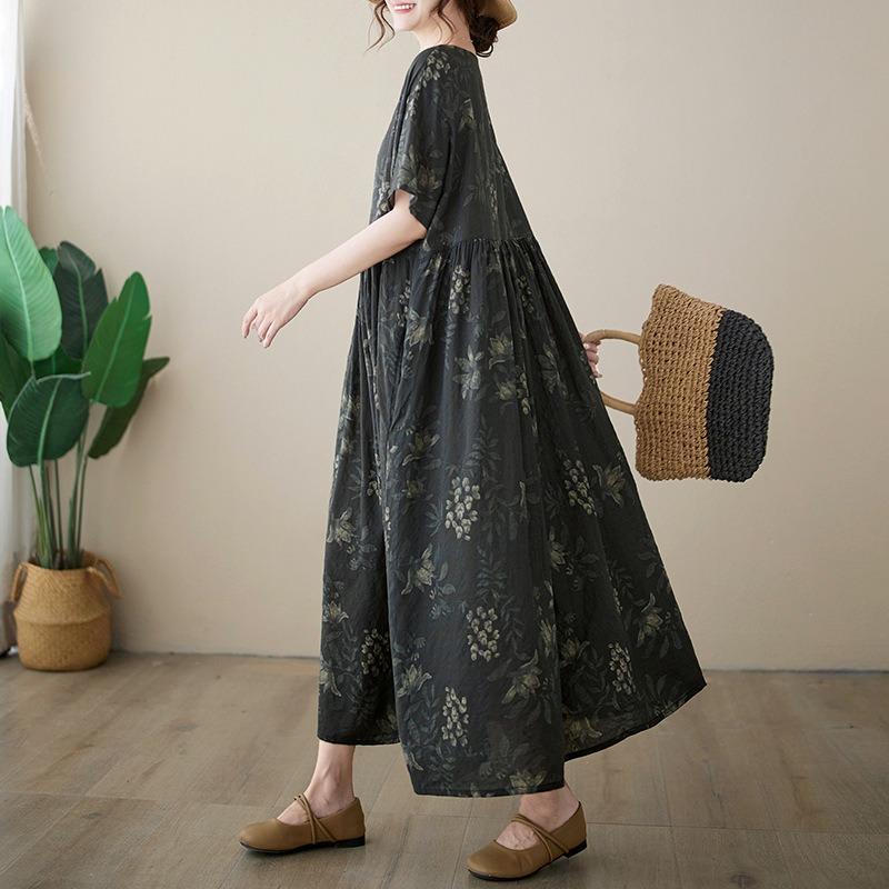 Реальное фото - новое летнее простое литературное и свободное платье большого размера с коротким рукавом и круглым вырезом с принтом для женщин.