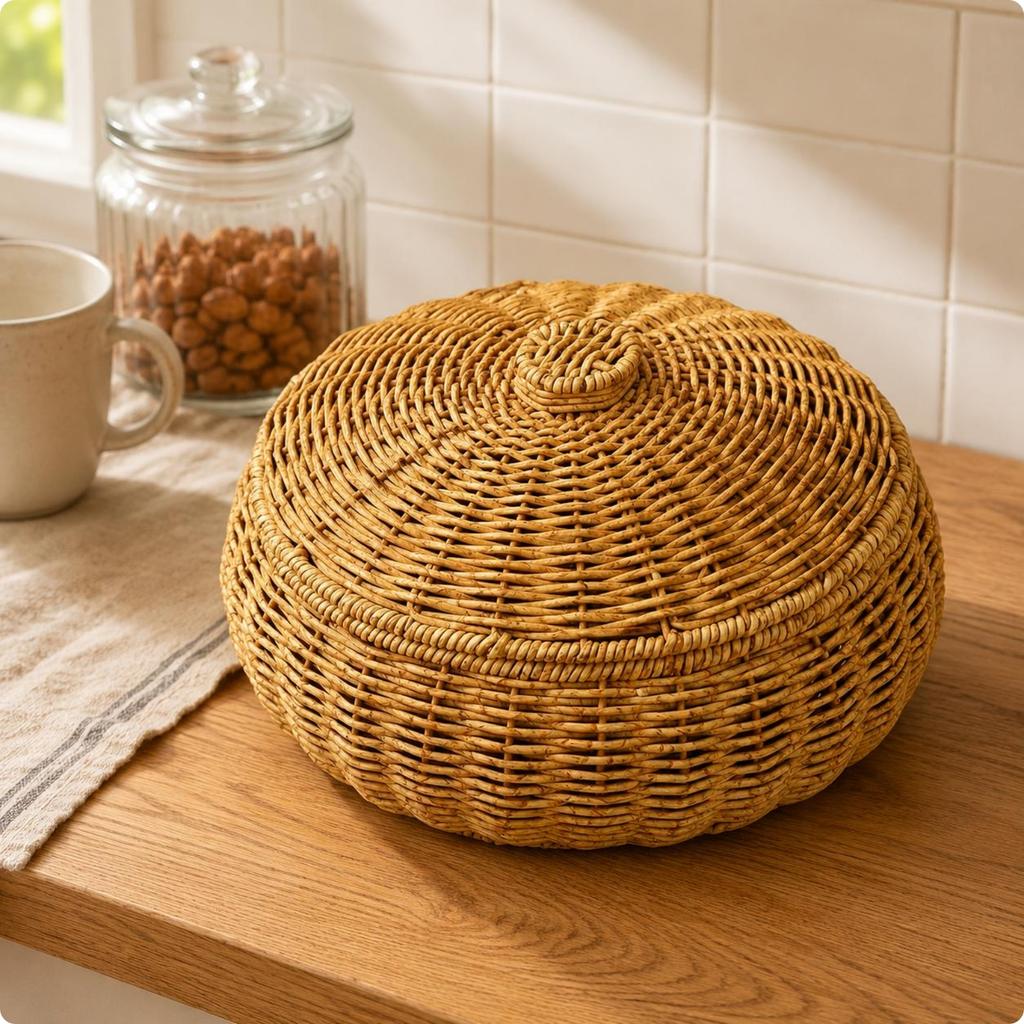 Wicker Basket with Lid Textured Weave Lidded Rattan Basket Multipurpose Rustic Design