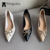 Fashion Crystal Bowtie Shoes Ladies Office Work Chunky High Heels Bridesmaid Wedding Pumps Woman Wedges Pointy Toe Mary Jeans Mujer
