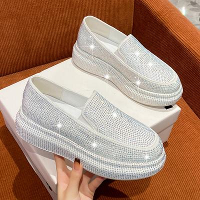 Женская повседневная обувь 2024 года, новые трендовые дышащие кроссовки с толстой подошвой, женская спортивная обувь на плоской белой платформе со стразами, размер 35-40