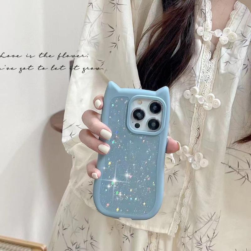 Блестящий мягкий силиконовый чехол для телефона с милыми кошачьими ушками для девочек для iPhone 11 12 13 14 15 Pro Max, противоударный жесткий акриловый бампер, задняя крышка