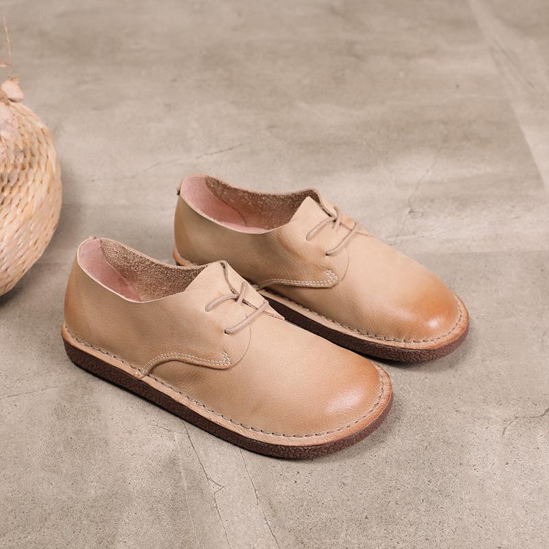 Весенние и летние кожаные туфли ручной работы с круглым носком на плоской подошве из мягкой коровьей кожи для женщин