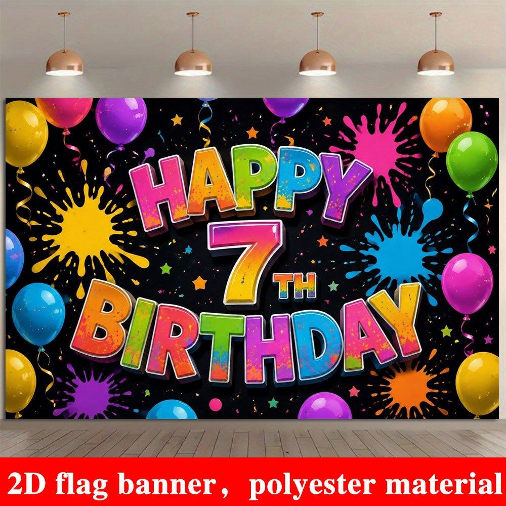 2D Flat Banner, 7th Birthday Party Backdrop, Colorful Balloons, Ink Splatter, Stars