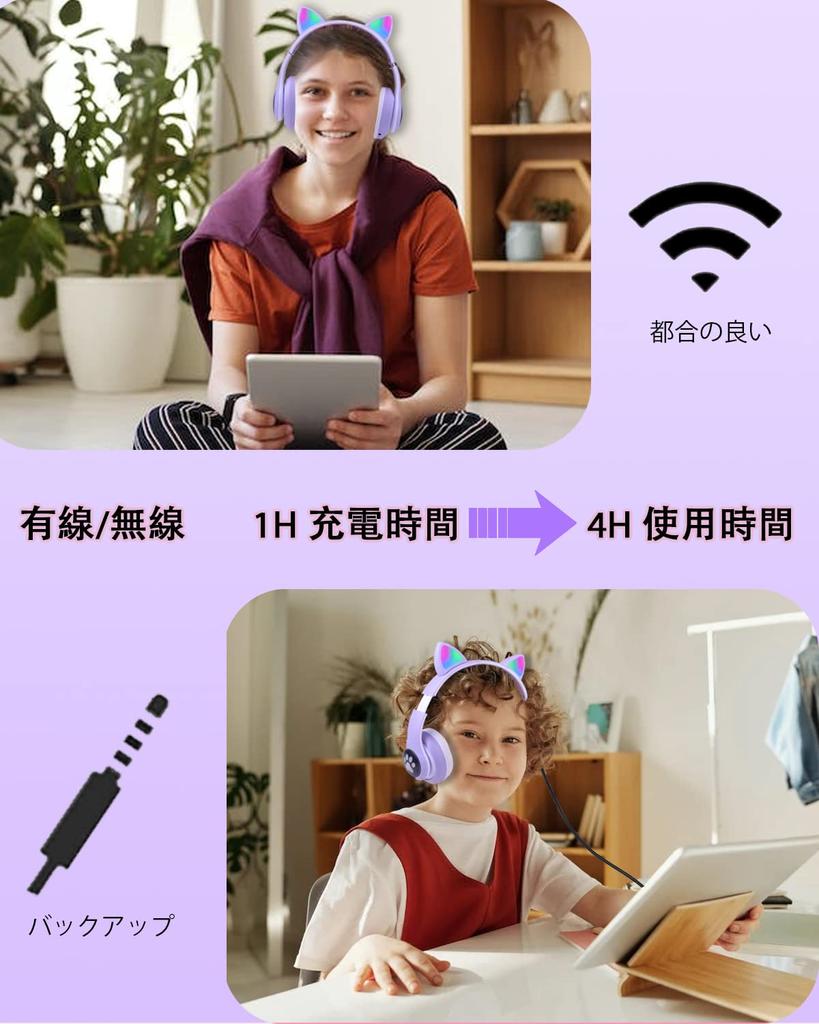 Headphones Megadream Headphones with Cat Ear LED Sides RGB Light Bluetooth Length 1m TF Card Size Children's Wireless/Wired Microphone, Light/Both