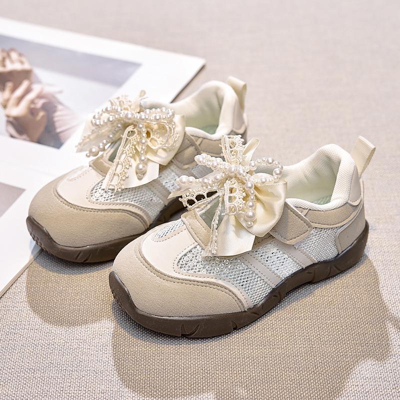 Girls' Sports Shoes 2025 Spring New Bow Pearl Princess Single Shoes Korean Version Children's Casual Breathable Mesh Shoes