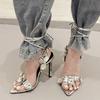 Новые стильные женские сандалии-гладиаторы со стразами и стразами, летние женские туфли на шнуровке до щиколотки с острым носком Sandalias de mujer