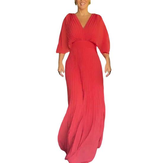 Women Evening Dress Dolman Sleeves Pleated V Neck Pure Color High Slim Waist Full Length