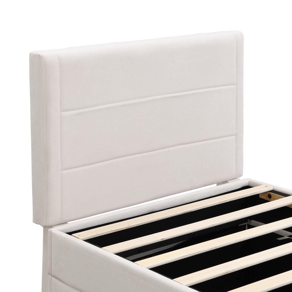 Upholstered Bed, 90 x 200, Single Bed with Slatted Frame made of Metal Frame, Large Storage Space, Without Mattress, Beige, 200x90cm.