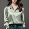Women Shirt Solid Color Smooth Satin Long Sleeve Lapel Casual Tops Single Breasted