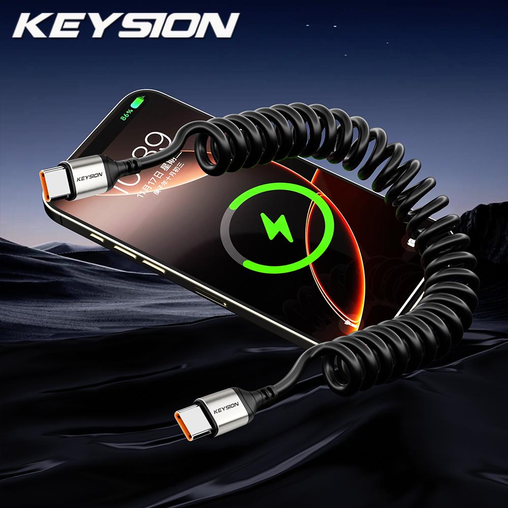 KEYSION Автомобильный пружинный USB-кабель типа C 3,3 А USB C - USB C кабель для передачи данных 66 Вт PD провод для быстрой зарядки iPhone 16 Samsung Xiaomi Huawei