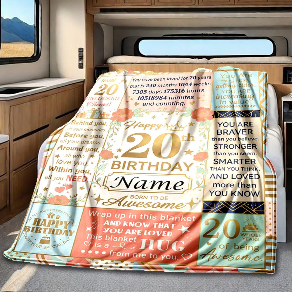 20Th Birthday Celebration Blanket Personalized Name Soft Comfortable Stylish Blanket Car Blanket Perfect For Travel Camping Outdoor Home Suitable For
