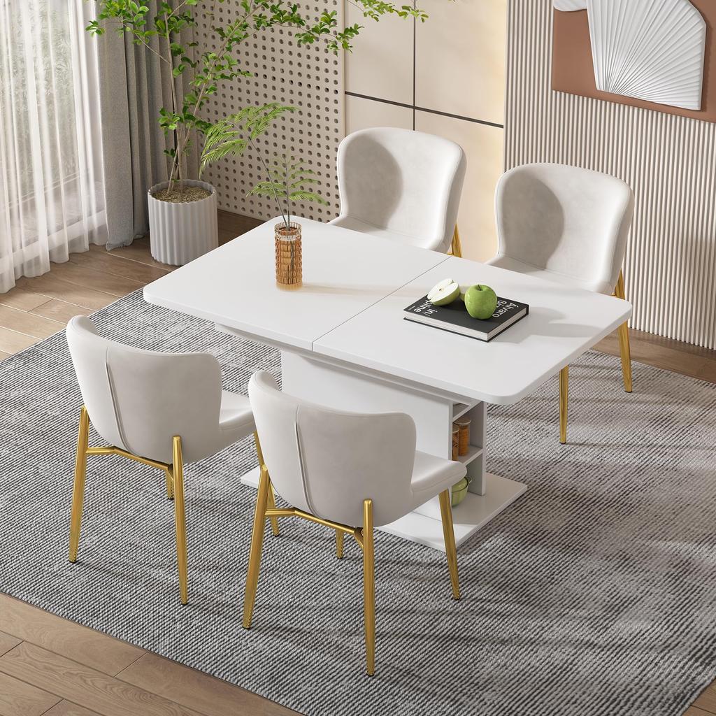 Flieks Dining Table Wood, Extendable Dining Room Table with Storage, White