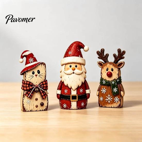 Vintage Santa Claus Elk Cat Figurines Christmas Wooden Tabletop Figurine, Hand Painted Reindeer Decor, Rustic Winter Home Holiday Ornaments