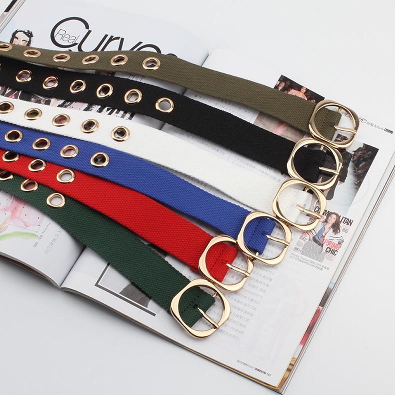 Цвет Однотонный Простой Пористый Дизайн Женский Повседневный Холщовый Ремень с Квадратной Пряжкой