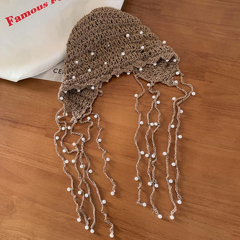 Summer Ethnic Style Knitted Hat with Hollow Pearl Tassel Pendant - Retro Face-Showing Design for Women