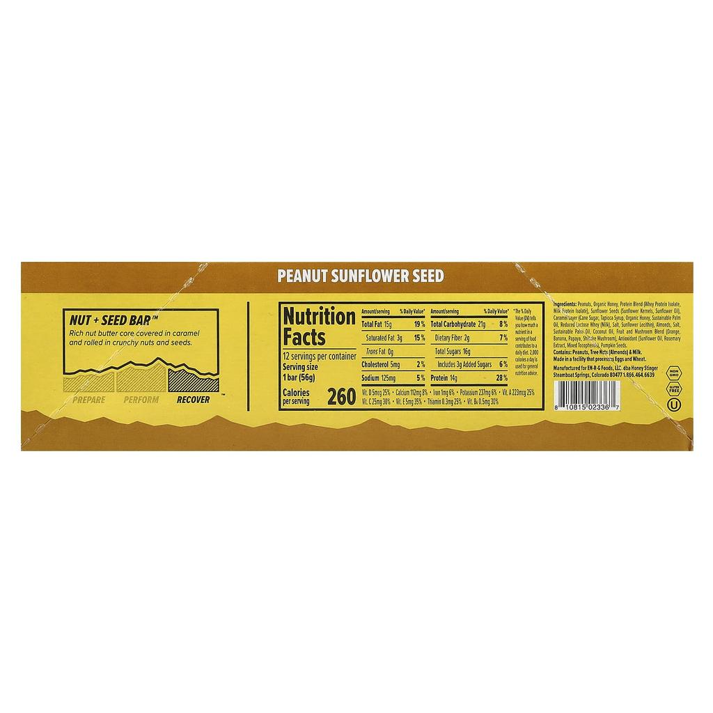 Honey Stinger, Nut + Seed Bar™, Peanut Sunflower Seed, 12 Bars, 1.98 Oz (56 G) Each