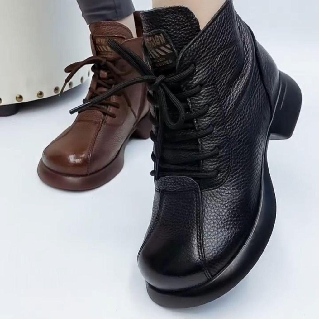 Vintage Short Boots Women's Round Head Thick Bottom Front Lace Up Medium Thick Heel Fashion Solid Color Women's Boots