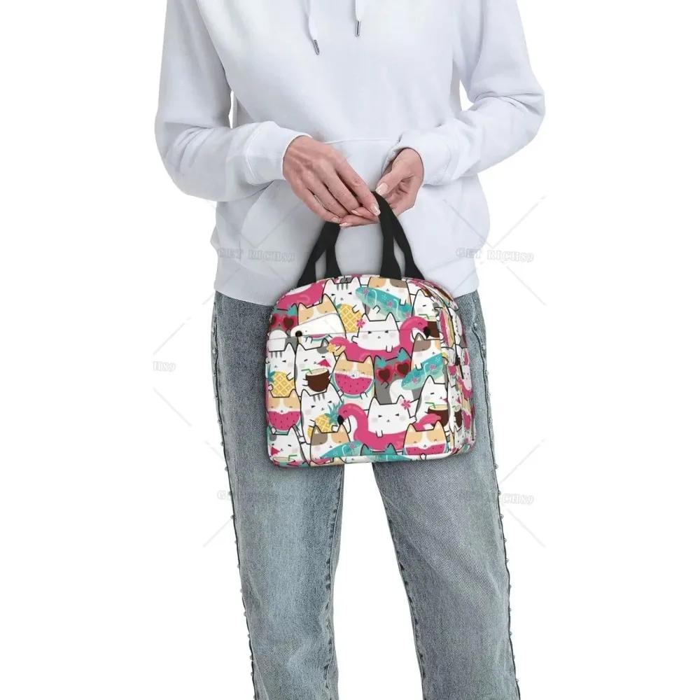 Розовые летние фрукты арбуз ананас кошка термосумка для ланча для девочек многоразовая сумка для ланча портативная сумка-холодильник для ланча