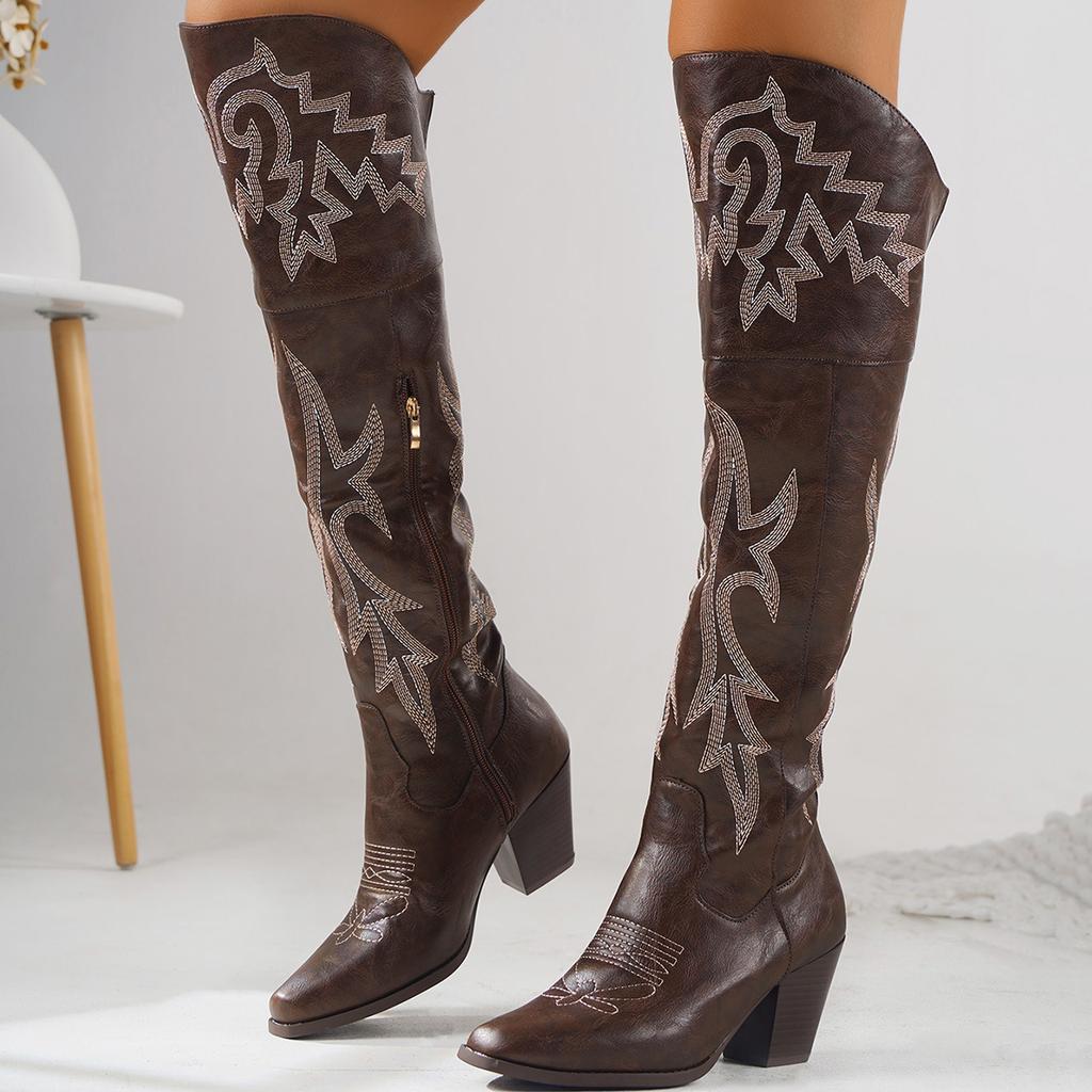Western Cowboy Boots for Women Knee High Wide Calf Cowgirl Boots Embroidered Chunky Heel Pull On Boot Women's Low Block Heel Booties With Zipper