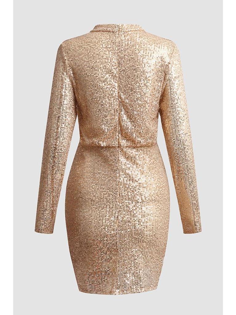 2025 Женское сексуальное платье миди бодикон с V-образным вырезом и длинными рукавами, украшенное пайетками, с короткой юбкой на завязках