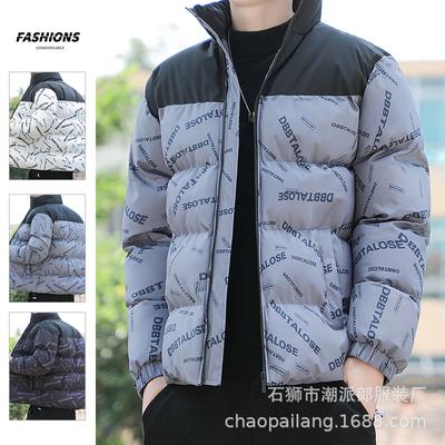 Мужская зимняя свободная стеганая хлопковая одежда с принтом, в тренде, стойка-воротник, хлопковая куртка, брендовая надпись, парная одежда, одежда-пуховик