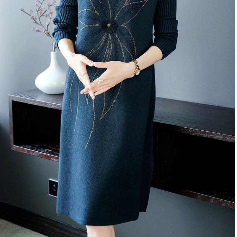 Платье для женщины Хлопок Зима Тепло Круглый вырез Длинный рукав Винтаж Повседневный С принтом Длинные Трикотажные платья-свитера стрейч