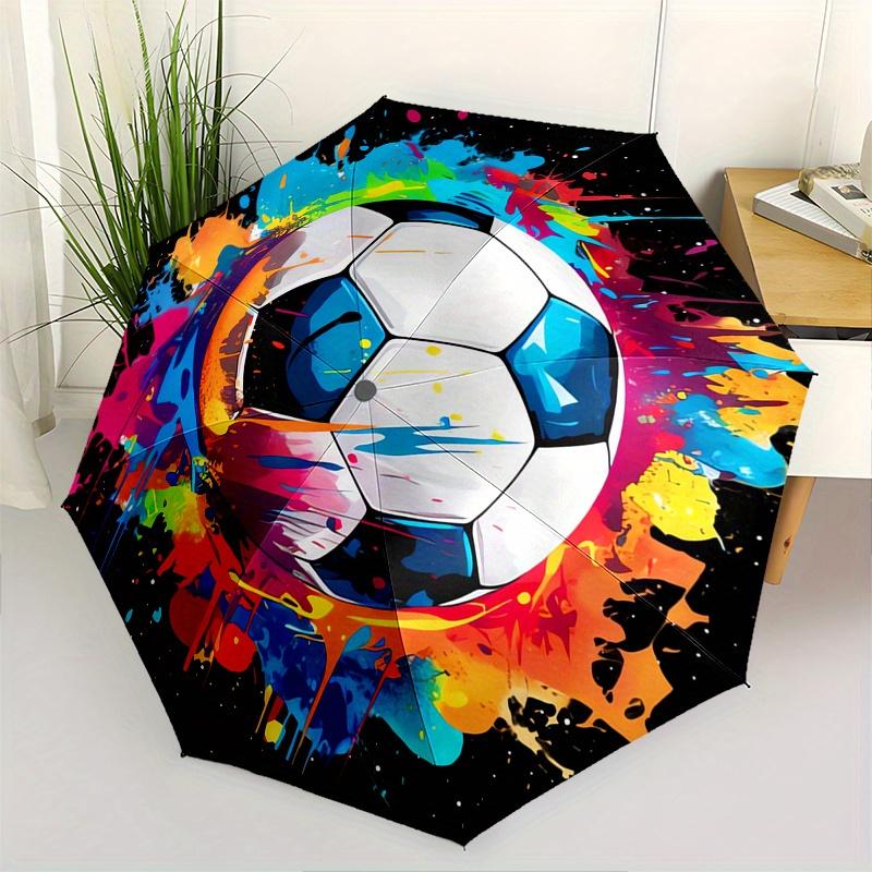 Soccer Ball Artwork Automatic folding umbrella simple eight rib design, bright color pattern, durable iron frame, ideal for travel and outd