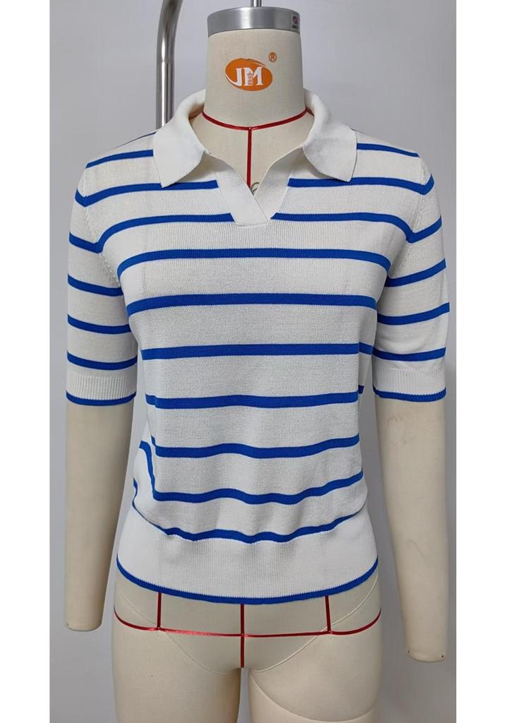 New 2025 Women's Casual Striped Knitwear Lapel Sweater Top