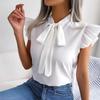 Women Spring Summer Temperament Commuter Wooden Ear Lace Up Bow Tie Chiffon Shirt Tops