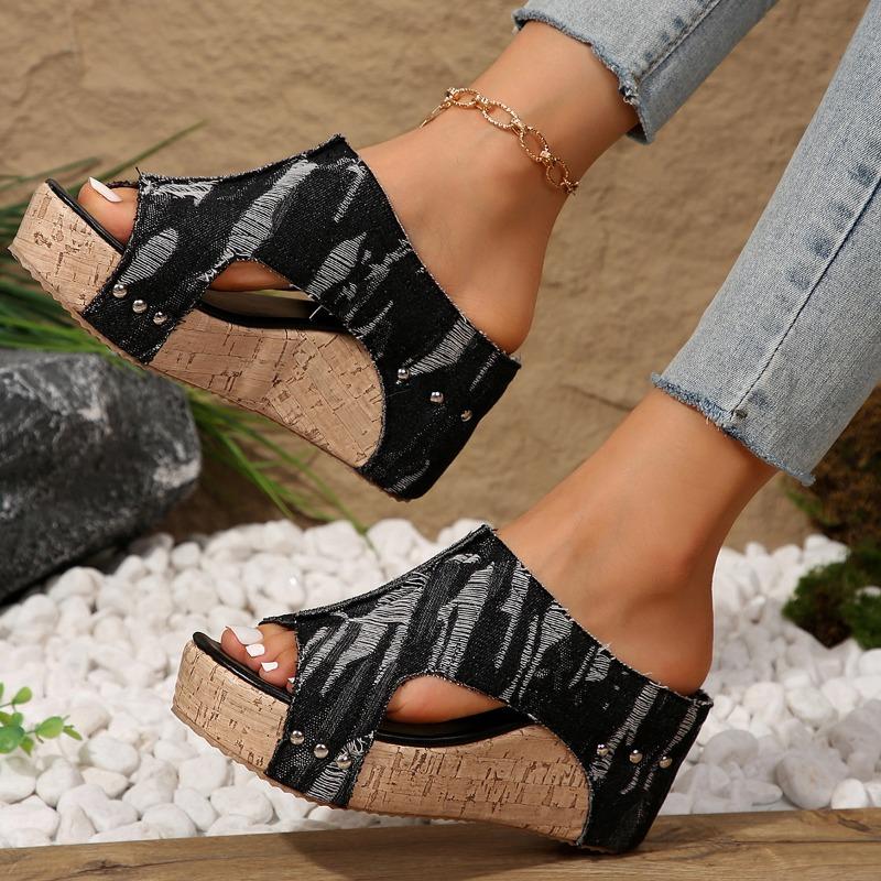 Новые летние женские туфли 2024 года, модные женские тапочки с открытым носком, повседневные женские тапочки из джинсовой ткани с цветными блоками на высоком каблуке в римском стиле