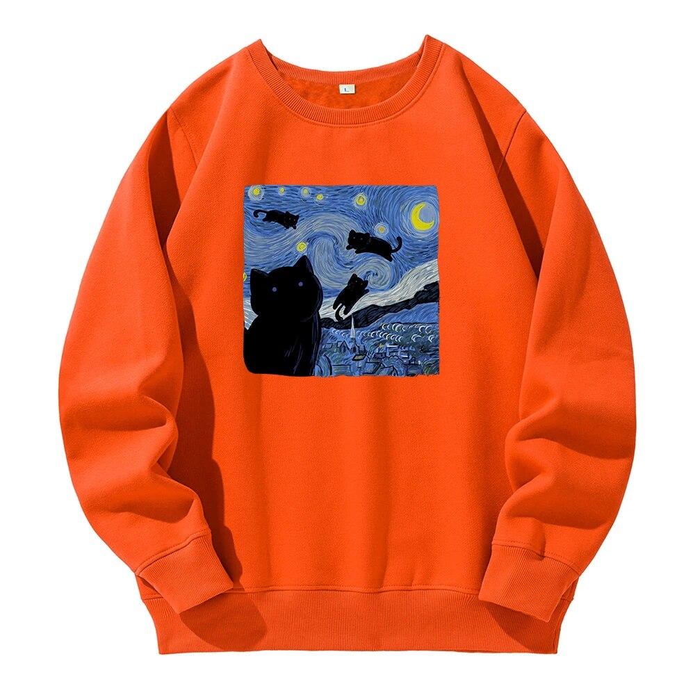 Картина маслом Черная кошка Звездная ночь Печать с капюшоном Унисекс Спортивная мода Новые толстовки с капюшоном из флиса Теплая толстовка Свободная толстовка большого размера