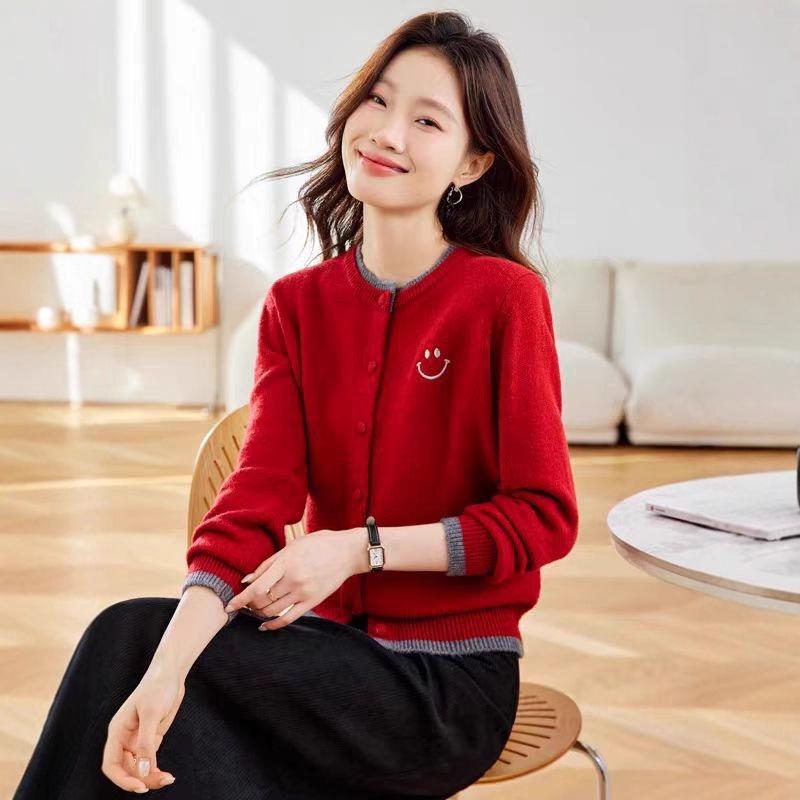 Knitted Cardigan Women's Autumn and Winter Round-neck Sweater Coat Color-blocked Cardigan Loose Short Fake Two-piece Top