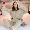 Thickened Warm Flannel Fall and Winter Women Cartoon Plush Hooded Bear Sleepwear Loungewear Two-Piece Solid Nightwear Homewear