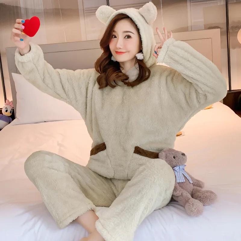 Thickened Warm Flannel Fall and Winter Women Cartoon Plush Hooded Bear Sleepwear Loungewear Two-Piece Solid Nightwear Homewear