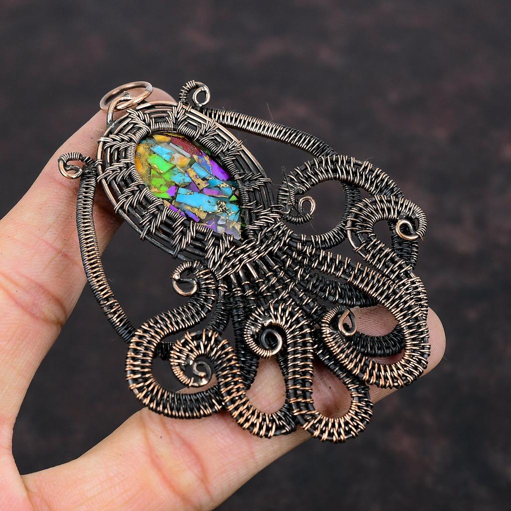 Fiesta Kingman Бирюзовый кулон Медная проволока обернутый драгоценный камень кулон Multi Медный бирюзовый кулон Осьминог ручной работы Медные украшения